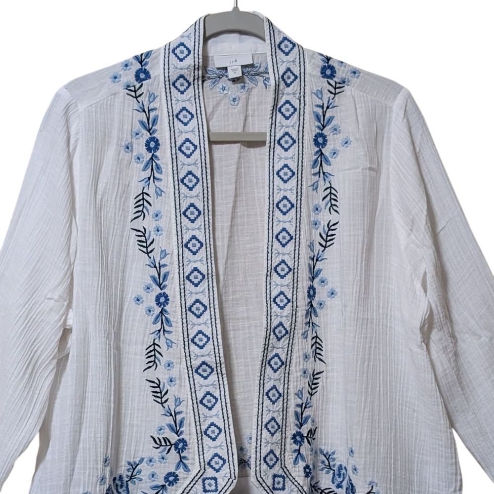 J. Jill 100% cotton embroidered crinkle cardigan kimono blazer size Medium gauzy - Picture 9 of 10